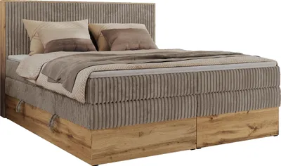 Produktbild von MKS MEBLE Boxspringbett WOOD CLASSIC KING, Doppelbett mit zwei Multipocket-Matratze und Topper T25, hohe Kopfteil, Stauraum - 180 x 200 cm - H3 - Hellbraun Cord
