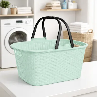 Produktbild von 32 Liter Rattan Henkel Wäsche Korb Einkaufskorb Bügel Plastik Griffen Kunststoff