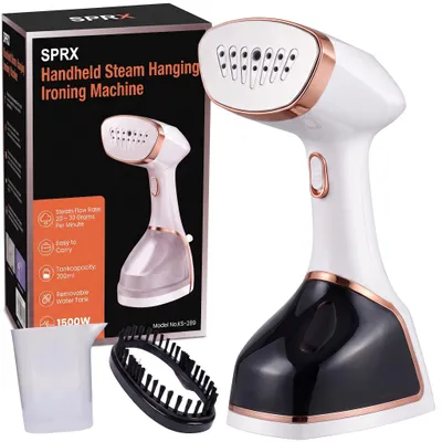 Produktbild von 1500W Hand Dampfglätter Reise-Steamer mit 260ml Wassertank. Nur 0,5kg, inkl. Staubbürste & EU-Stecker. Weiß/Gold