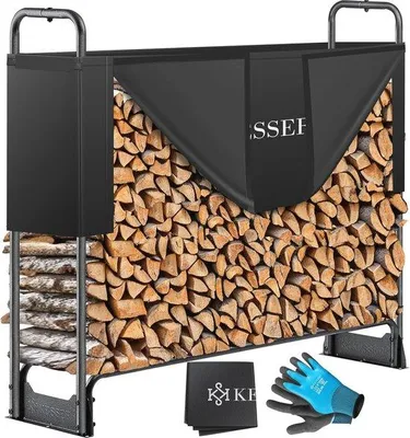 Produktbild von Famanu Holzregal für den Außenbereich - Metall, 130 x 36 x 117 cm, Wasserdichte Holzlagerung mit Abdeckung und Handschuhen