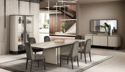 Image de Ensemble de salle à manger gris Table à manger 6 chaises rembourrées Buffet Miroir