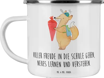 Produktbild von Mr. & Mrs. Panda Emaille Tasse Schulanfang Freude - Weiß - Geschenk, inspirierende Botschaften, Mutmacher, verstehen, Hoffnung, Motivtasse, Teetasse, wanderbecher, Haferl