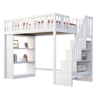 Produktbild von Hochbett 90 x 200 cm, Kinderbett mit Stauraumtreppe, Hochbett mit mehreren großen Staufächern, Funktionsbett, Kinderbett,Jugendbett,Holzbett,Weiß