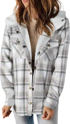 Produktbild von ASKSA Damen Jacke Karierte Winterjacke Oversize Langarm Winter Warme Gefuettert mit Kapuze Knoepfen Casual Maentel Jacken (Weiss,XL)