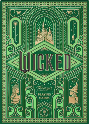 The image shows the front of a deck of Wicked playing cards, featuring intricate green and gold art deco-style designs.
