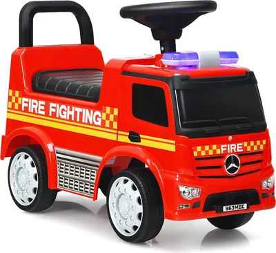 Produktbild von 2 in 1 Mercedes Benz Feuerwehrwagen-formiges Rutschfahrzeug mit Licht & Sirene & Hupe & Pfeife, Rutschauto mit verstecktem Stauraum, Lauflernhilfe, Schiebauto für Kinder von 12 - 36 Monaten