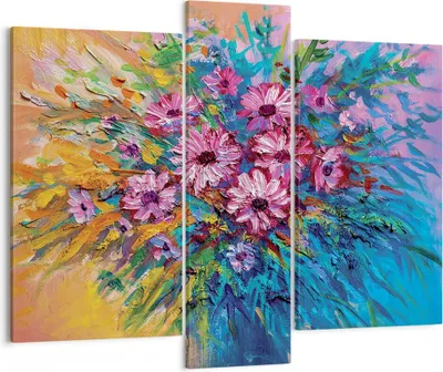 Produktbild von Bild auf Leinwand - Leinwandbild - 3 Teile - Blumenstrauß Blumen Öl - 95x80cm - Wand Bild - Wanddeko - Wandbilder - Leinwanddruck - Bilder - Wanddekoration - Leinwand bilder - Wandbild - CB95x80-4533