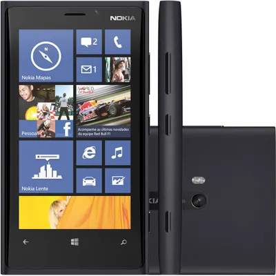 A black Nokia Lumia 920 smartphone is shown from multiple angles against a white background. The phone's screen displays various app tiles.