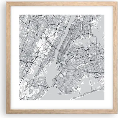 Produktbild von Gerahmtes Poster - Rahmen in heller Eiche - Neu York Karte - 40x40 cm - Wand Bild - Wanddeko - Wandbilder - Kunstposter - Wandposter - Bilderrahmen - Bilder - Kunstdruck - P2NAC40x40-5039