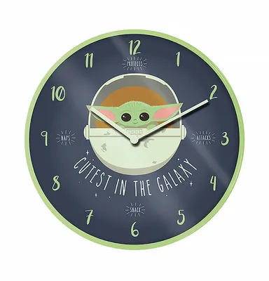 A wall clock featuring the character Grogu (Baby Yoda) from Star Wars, with the text "Cutest In The Galaxy" and other phrases related to the character's activities.