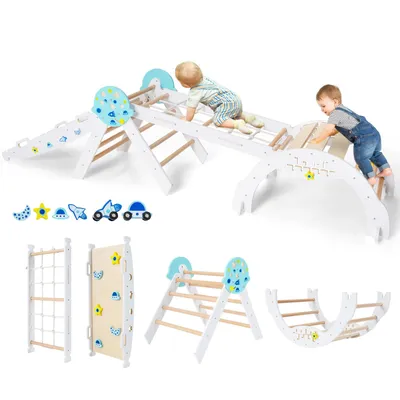 A collage of a children's indoor climbing set with various components and accessories, including two children playing on the main climbing structure.