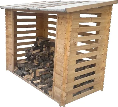 A wooden log store filled with firewood, shown against a white background.