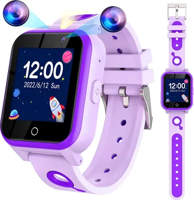 A smartwatch for children, displayed with two camera icons and light beams pointing to the watch.