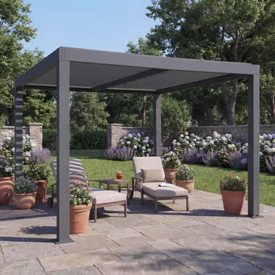 Produktbild von Pergola MCW-L46, Gartenpavillon Lamellen-Pavillon, 11cm-Aluminium-Gestell, Regenrinne sturmfest, 3x3m  anthrazit