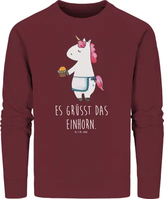 Produktbild von Mr. & Mrs. Panda Sustainable Pullover Einhorn Muffin Größe S - Burgundy - Geschenk, Bio-Pullover, Geburtstagsgrüße, Grüße, Sweater, Pulli, Geburtstag, Liebesgrüße