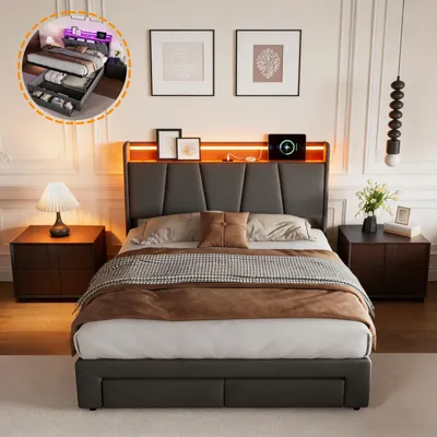 Produktbild von INONEFT Polsterbett 160x200 cm mit Stauraum, Jugendbett mit Ladefunktion (USB & Type-C), Boxspringbett mit LED und Lattenrost, Leinen, Grau