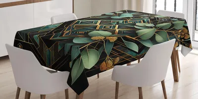 Zdjęcie produktu dla ABAKUHAUS Obrus z liśćmi eukaliptusa, ornament w stylu art deco w romby, 140 x 170 cm, czarny, zielony laur, bursztynowy