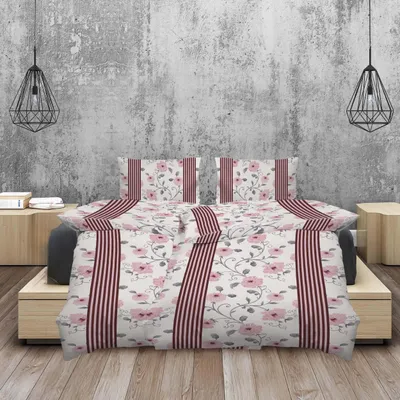 Produktbild von Winter-Bettwäsche Biber, 100% BW, 135x200, Weiß/Rot mit Streifen & Blüten 4tlg.