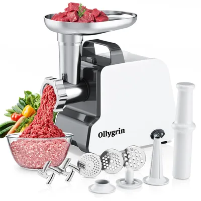Produktbild von Ollygrin 2300W Profi Fleischwolf Elektrisch mit Wurststopfer & Kubbe, Heavy Duty für Haus & Küche - mit 2 Klingen, 3 Scheiben