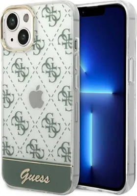 Produktbild von Guess 4G Stripe Script Logo Galvanisiertes Muster - iPhone 14 Hülle (khaki)