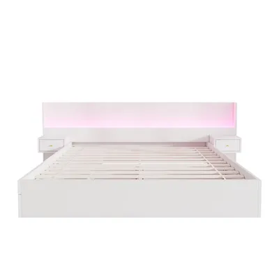 Produktbild von Flieks Holzbett Klassisches Bett 180x200cm mit Ladefunktion (USB & Steckdosen), Doppelbett Stauraumbett Jugendbett mit LED und 2 Schubladen, Weiß