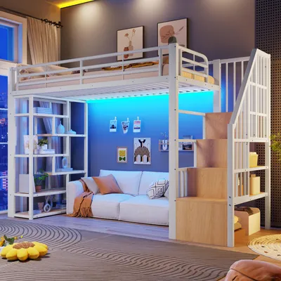 Immagine prodotto di Letto a castello Merax, 90x200 cm, in metallo, per bambini e adolescenti, con illuminazione LED, ripiano, scaletta, sponde di sicurezza, spazio contenitivo aperto, colore bianco