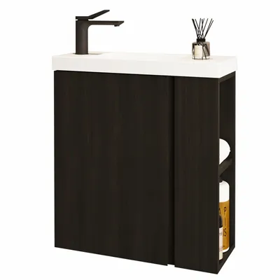 Produktbild von JINDOLI Waschtisch mit Unterschrank 55 cm, Vormontiert, Waschbecken aus Mineralguss mit schwarzer Armatur, Kompaketes Badmöbel-Set, Schwarz
