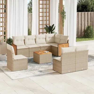 Produktbild von Design 9-tlg. Garten-Sofagarnitur mit Kissen Beige Poly Rattan, Gartenmöbel-Sets 2024 Neu