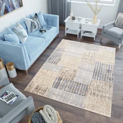 Produktbild von Teppich Wohnzimmer Schlafzimmer Kurzflor Modern Design Beige Blau Abstrakt Meliert 120 x 170 cm