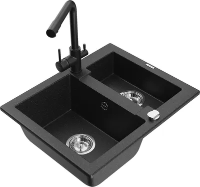 Produktbild von Mexen Carlos 1,5-Becken-Granitspüle mit Mischbatterie Duero, Schwarz/Silbermetallic - 6518-73-671600-70