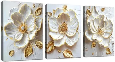 Productafbeelding van Ibenzoa® 3-delig canvaswandset – witte en gouden pioenrozen, 30 x 40 cm per afbeelding, premium canvas op massief houten frame, Giclée-print, klaar om op te hangen