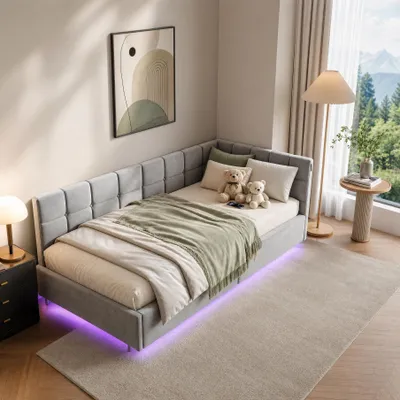 Produktbild von INONEFT Polsterbett 90x200cm mit LED und USB, Jugendbett mit hydraulischem Stauraum, Schlafsofa, Einzelbett, Bett mit Lattenrost, Samt, Grau