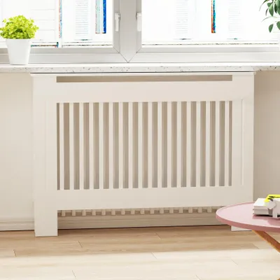 Immagine prodotto di FATIVO Copriradiatore 111x19x101cm: Copertura per radiatore extra alta in bianco con finitura effetto legno, in MDF ispessito, lamelle verticali