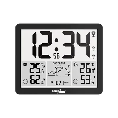 Zdjęcie produktu dla Stacja pogodowa Funk: Temperatura i wilgotność (wewnątrz/na zewnątrz), zegar/budzik/data, zakres pomiaru do 60 m, model GB443 B, producent GreenBlue