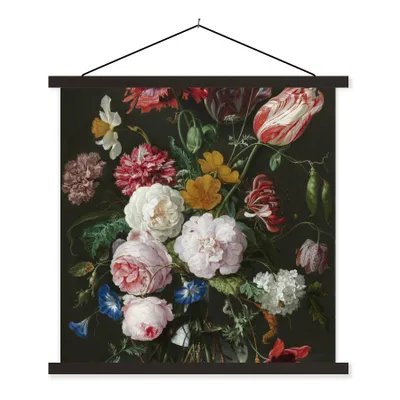 Obrázok produktu pre MuchoWow® Textilný plagát - Zátišie s kvetmi v sklenenej váze - Maľba od Jan Davidsz. de Heem - 40x40cm - S čiernymi lamelami