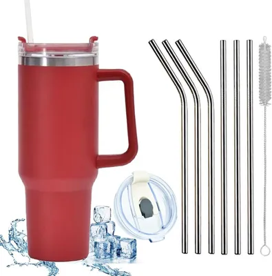 Obrázek produktu pro 1200 ML izolovaný hrnek z nerezové oceli s uchem 40 OZ dvoustěnný chladicí hrnek cestovní hrnek hrnek do auta s brčkem a nepropustným víčkem, červený, 9 kusů, 40 OZ