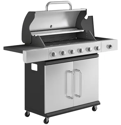 Produktbild von Gasgrill 18,6 KW 6+1 Brenner BBQ Grillwagen aus Edelstahl inkl Rolle Thermometer Warmhalterost Seitentisch Unterschrank