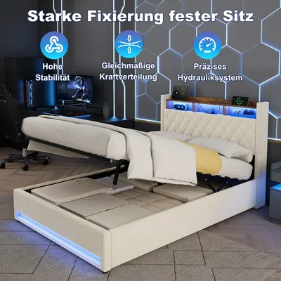 Produktbild von okwish 140×200 Polsterbett mit LED-Beleuchtung und USB, Jugendbett mit Stauraum-Kopfteil und Bettkasten, Beige,ohne Matratze