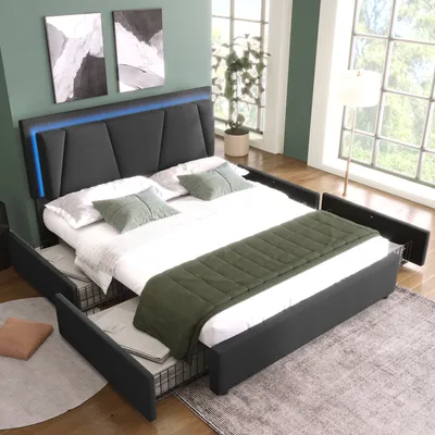 Produktbild von Flieks Polsterbett 140x200cm mit Lattenrost, Stauraumbett mit 2 Schubladen, Doppelbett Jugendbett mit Verstellbarem Kopfteil, Holzbett Leinen, Grau