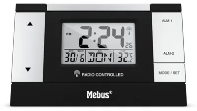 Produktbild von Mebus 51059, Digitaler Wecker, Schwarz, Silber, 12/24 h, LCD, 2 Zeilen, Akku