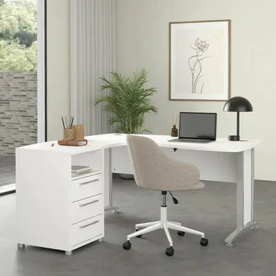Immagine prodotto di Dmora Scrivania Estong 150.4x159x75.4h cm Bianco, Angolare 3 Cassetti