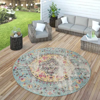 Produktbild von In- & Outdoor Teppich Modern Orient Print Terrassen Teppich Türkis Grösse Ø 200 cm Rund