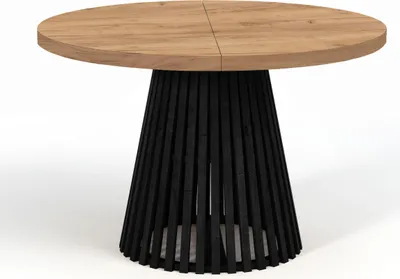 Produktbild von Runder Ausziehbarer Tisch für Esszimmer, DOVER - Industrial/Loft Still mit Lamellenbeine, Durchmesser: 100/200 cm, Farbe: Eiche Craft Golden / Schwarz