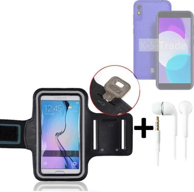 Produktbild von TOP SET kompatibel mit BLU C5L+ Neopren Jogging Armband Sportarmband Oberarmband kompatibel mit BLU C5L+ schwarz mit Reflektor Streifen + Ohrstöpsel.