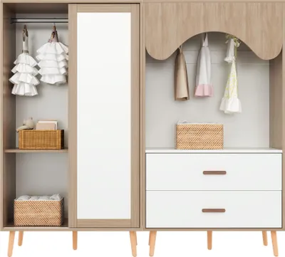 Produktbild von Merax Kinder-Kleiderschrank Doppel-Set, Kinderzimmer Offene Kindergarderobe, Kleiderschrank, mit Kleiderstange, Schiebetüren, 2 Schubladen, Weiß+Natur