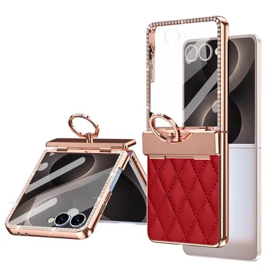 Image de Étui pour Samsung Galaxy Z Flip 8 avec support anneau, design scintillant de luxe et protection de la charnière, couleur rouge