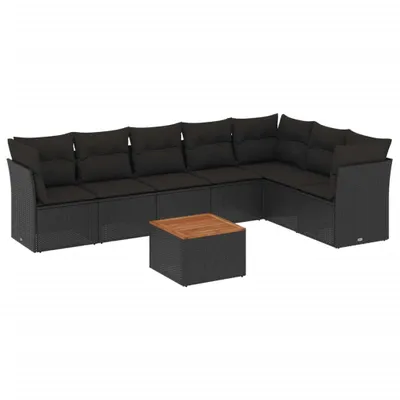 Produktbild von 8-tlg. Garten-Sofagarnitur, modular, Poly Rattan Schwarz, UV-beständig, mit abnehmbaren Kissen, Akazienholz-Tischplatte, 62x62x69 cm Ecksofa