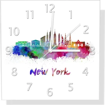 Produktbild von Wallario Design Wanduhr Städte als Aquarell - Skyline von New York aus Echtglas, Größe 30 x 30 cm