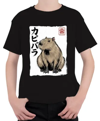 Zdjęcie produktu dla Koszulka dziecięca z motywem kapibary (woda świnia), styl japoński, retro, japońska sztuka Ukiyo-e, kolor czarny, rozmiar 152