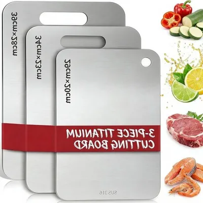Set von 3 Titan Schneidebrettern, Edelstahl 316, beidseitige BPA-freie Schneidebretter für Fleisch, Gemüse und Obst
